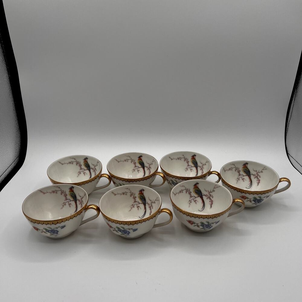 THEODORE HAVILAND Limoges France Bird Floral Gold Trim Porcelain Teacups